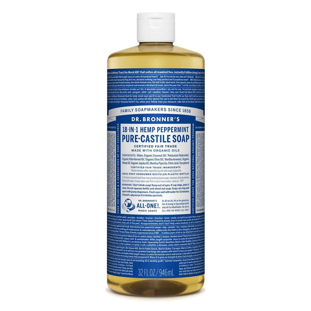 Dr. Bronner's - Pure-Castile Liquid Soap (Peppermint, 32 ounce) - Made with Organic Oils, 18-in-1 Uses: Face, Body, Hair, Laundry, Pets and Dishes, Concentrated, Vegan, Non-GMO