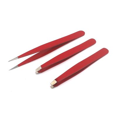 AAProTools Eyebrow Tweezer Set,3 Pcs Premium Stainless Steel Eyebrow Tweezers with Pouch,Tweezers Set with Slant, Straight and Pointed Tips - Precision Calibrated - (Red)