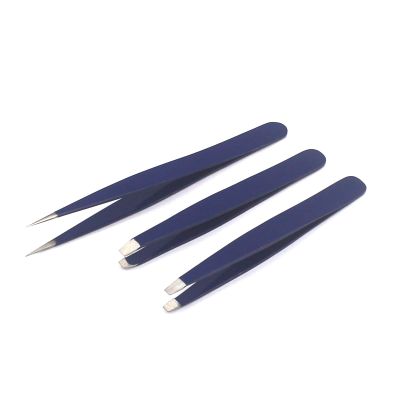 AAProTools Eyebrow Tweezer Set,3 Pcs Premium Stainless Steel Eyebrow Tweezers with Pouch,Tweezers Set with Slant, Straight and Pointed Tips - Precision Calibrated - (Blue)