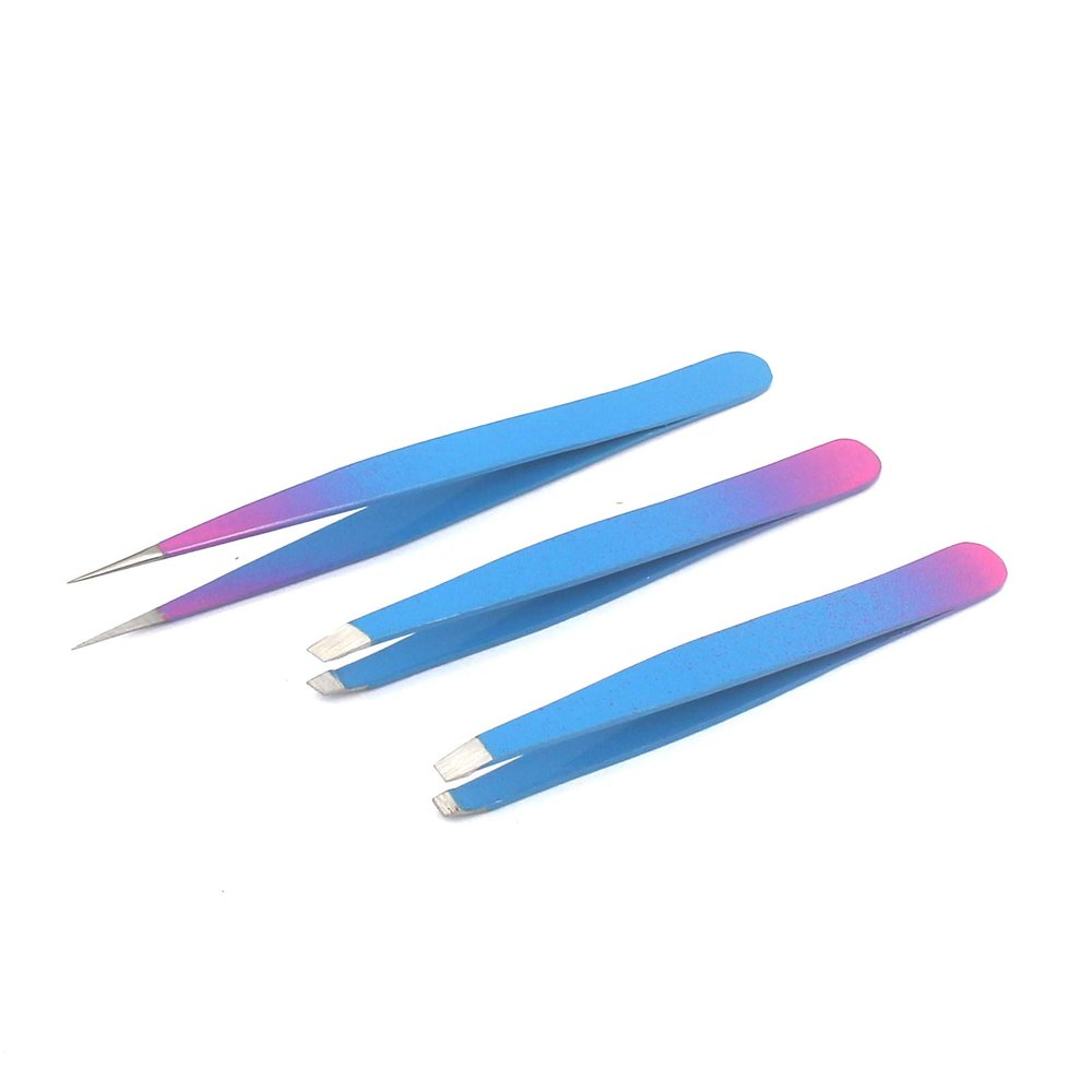 AAProTools 3 Premium Stainless Steel Eyebrow Tweezers with Pouch, Tweezers Set with Slant, Straight and Pointed Tips-Precision Calibrated-Best for Eyebrow, Ingrown Hair and Splinters (Sky Blue & Pink)