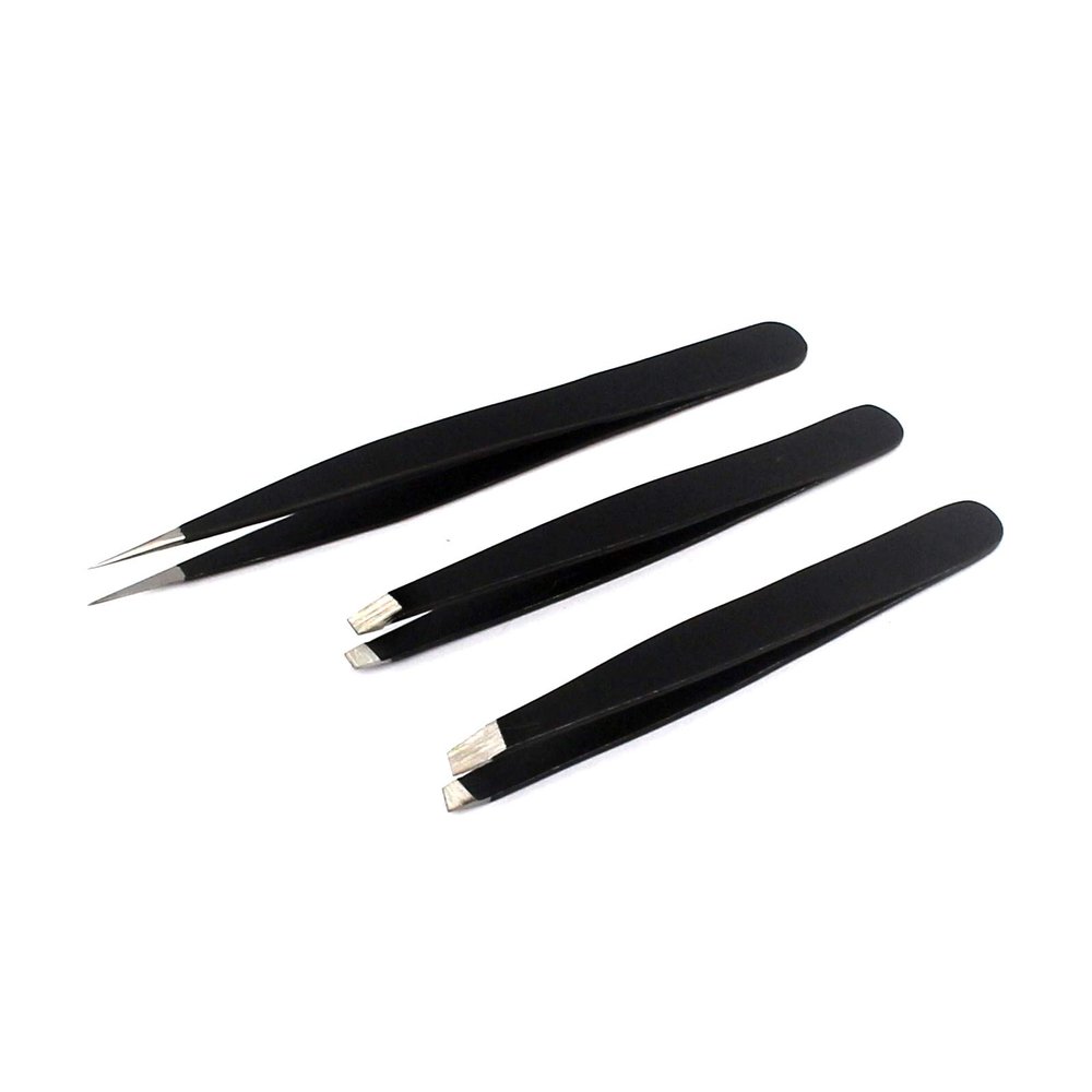 AAProTools 3 Premium Stainless Steel Eyebrow Tweezers with Pouch, Tweezers Set with Slant, Straight and Pointed Tips - Precision Calibrated - Best for Eyebrow, Ingrown Hair and Splinters (Black Coated
