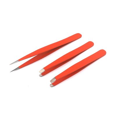 AAProTools Eyebrow Tweezer Set,3 Pcs Premium Stainless Steel Eyebrow Tweezers with Pouch,Tweezers Set with Slant, Straight and Pointed Tips - Precision Calibrated - (Orange)