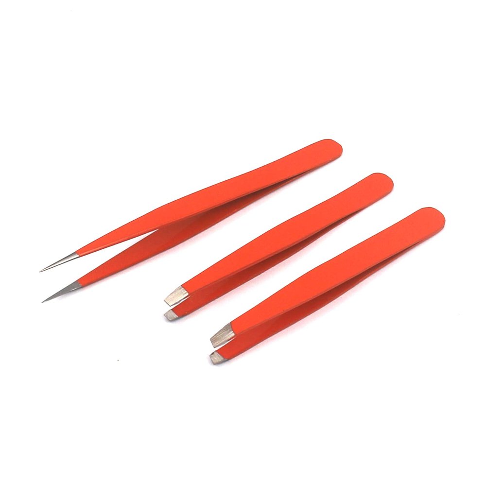AAProTools Eyebrow Tweezer Set,3 Pcs Premium Stainless Steel Eyebrow Tweezers with Pouch,Tweezers Set with Slant, Straight and Pointed Tips - Precision Calibrated - (Orange)