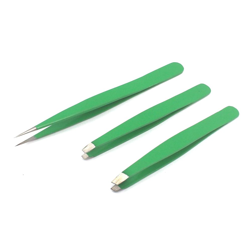 AAProTools Eyebrow Tweezer Set,3 Pcs Premium Stainless Steel Eyebrow Tweezers with Pouch,Tweezers Set with Slant, Straight and Pointed Tips - Precision Calibrated - (Green)