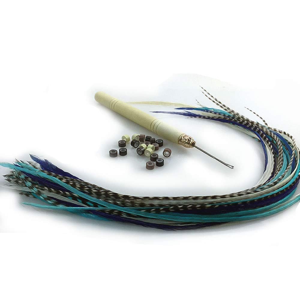 Feather Hair Extensions, 100% Real Rooster Hair Feathers extension kit, Long Blue mix 20 Feathers with micro link brads and hook tool Y