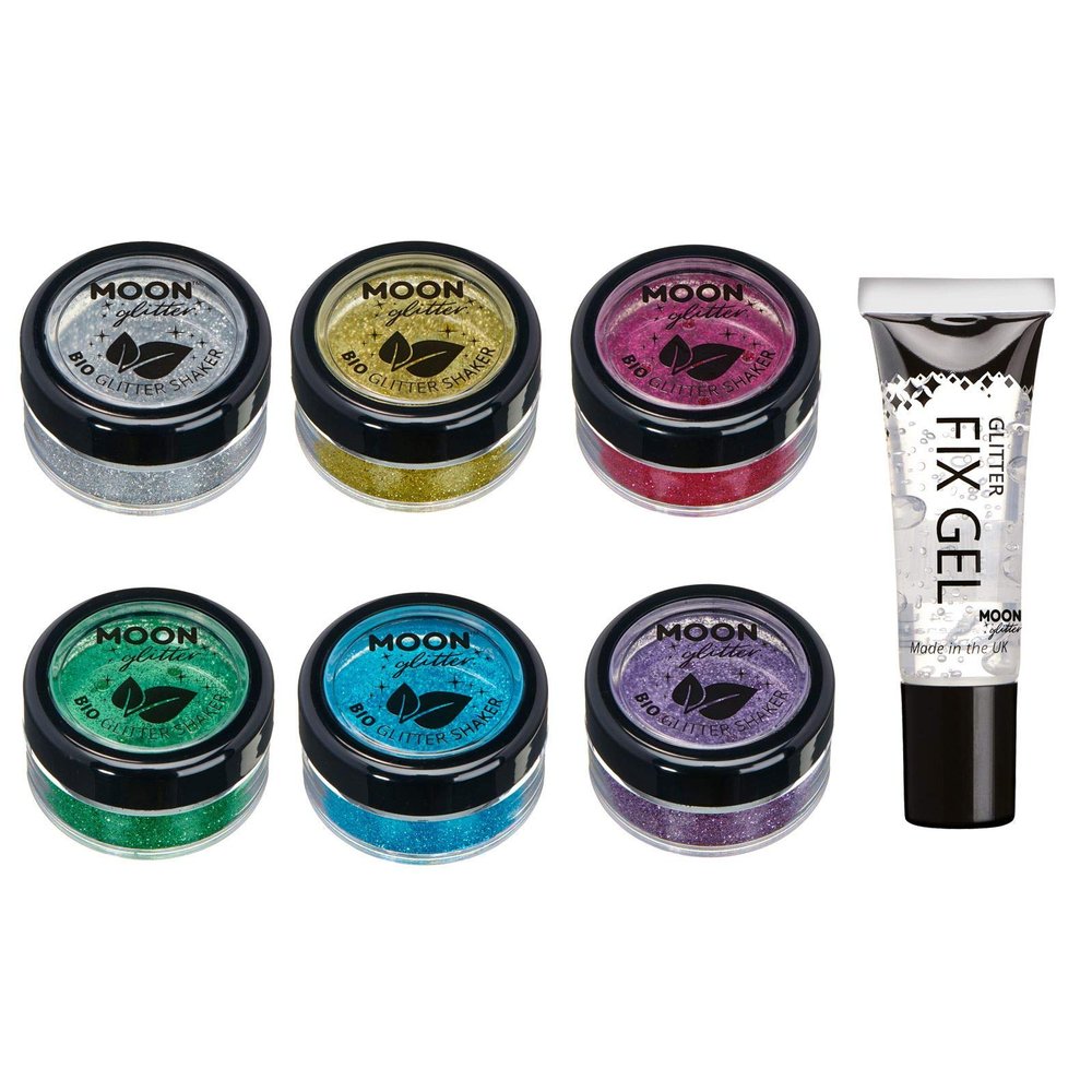Biodegradable Eco Glitter Shakers by Moon Glitter - 100% Cosmetic Bio Glitter for Face, Body, Nails, Hair and Lips - 5g Set of 6 - plus Glitter Fix Gel