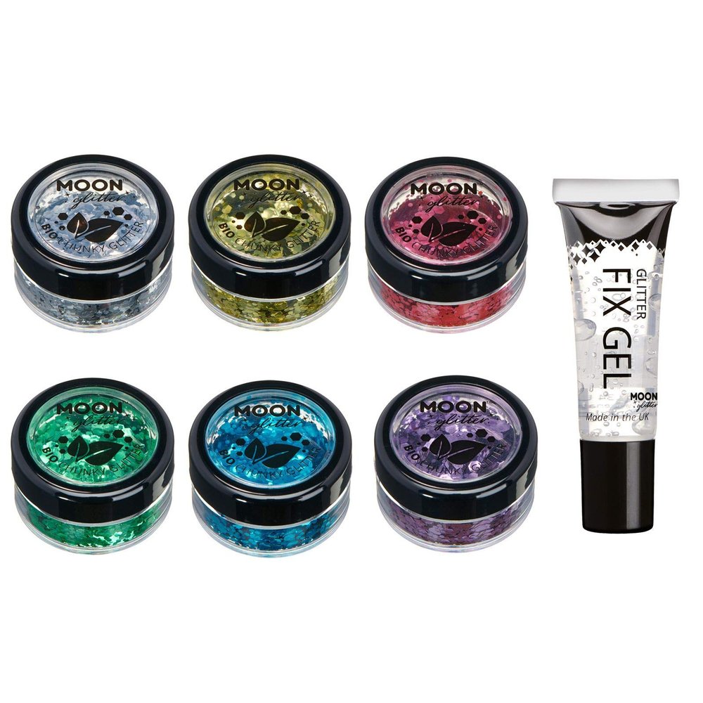 Biodegradable Eco Chunky Glitter by Moon Glitter - 100% Cosmetic Bio Glitter for Face, Body, Nails, Hair and Lips - 3g Set of 6 - plus Glitter Fix Gel