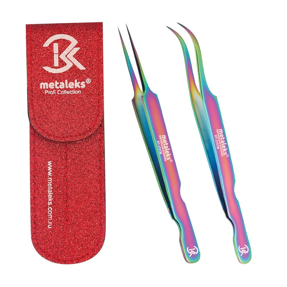 2PCS Japanese Stainless Steel, Eyelash Extension Tweezers, Matt Finish,Black Magnetic Double Tweezers Pouch (RT-05TM01)