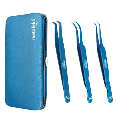 3 Pcs Russian Volume Japanese Stainless Steel Tweezers for Eyelash Extension (Blue Titanium Coated.)