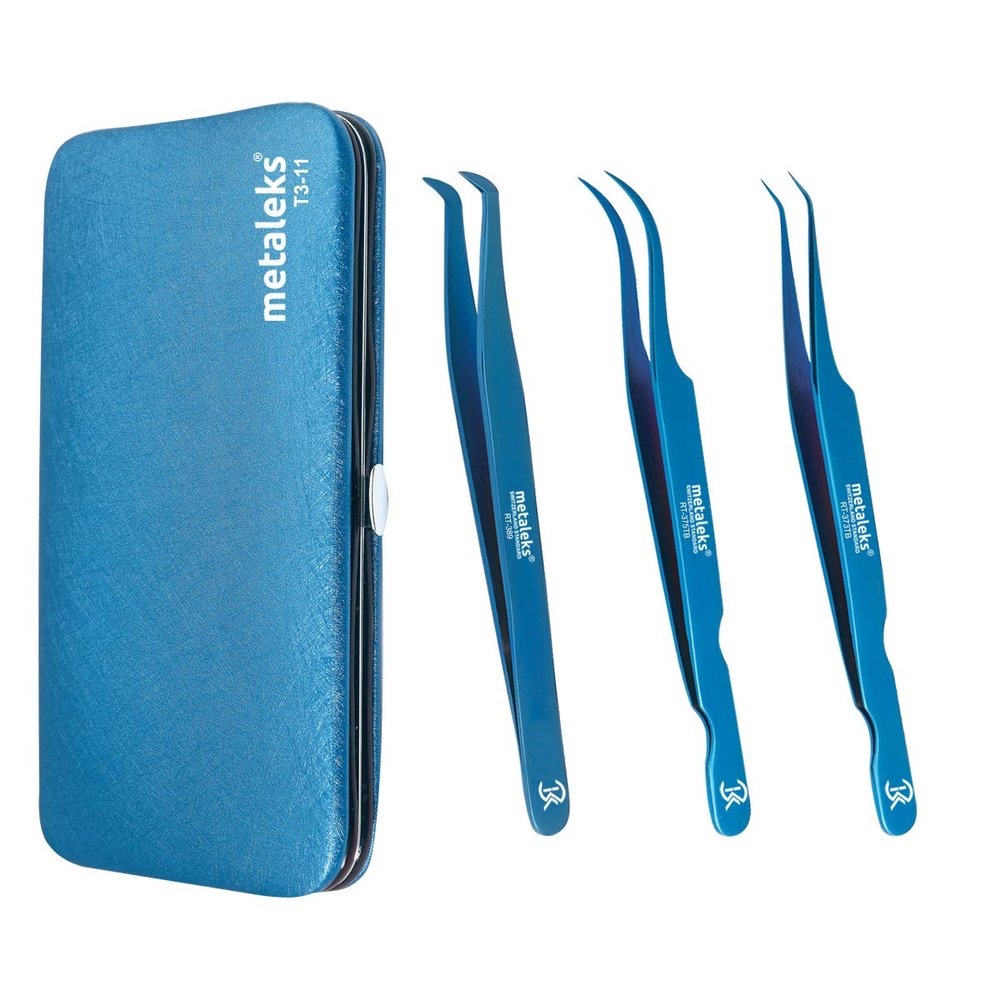 3 Pcs Russian Volume Japanese Stainless Steel Tweezers for Eyelash Extension (Blue Titanium Coated.)