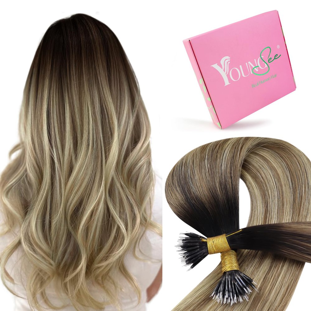 YoungSee Nano Hair Extensions Real Human Hair Balayage Darkest Brown with Blonde Invisible Nano Beads Hair Extensions for Women Nano Extension Remy Hair Ombre Cold Fusion 16inch 50g/50s