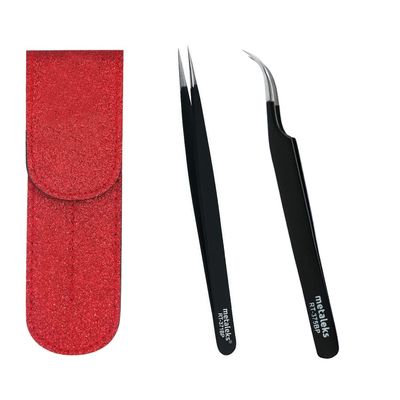 2PCS Eyelash Extension Tweezers Surgical Stainless Steel With Pouch (Black Matt Powder Coated)