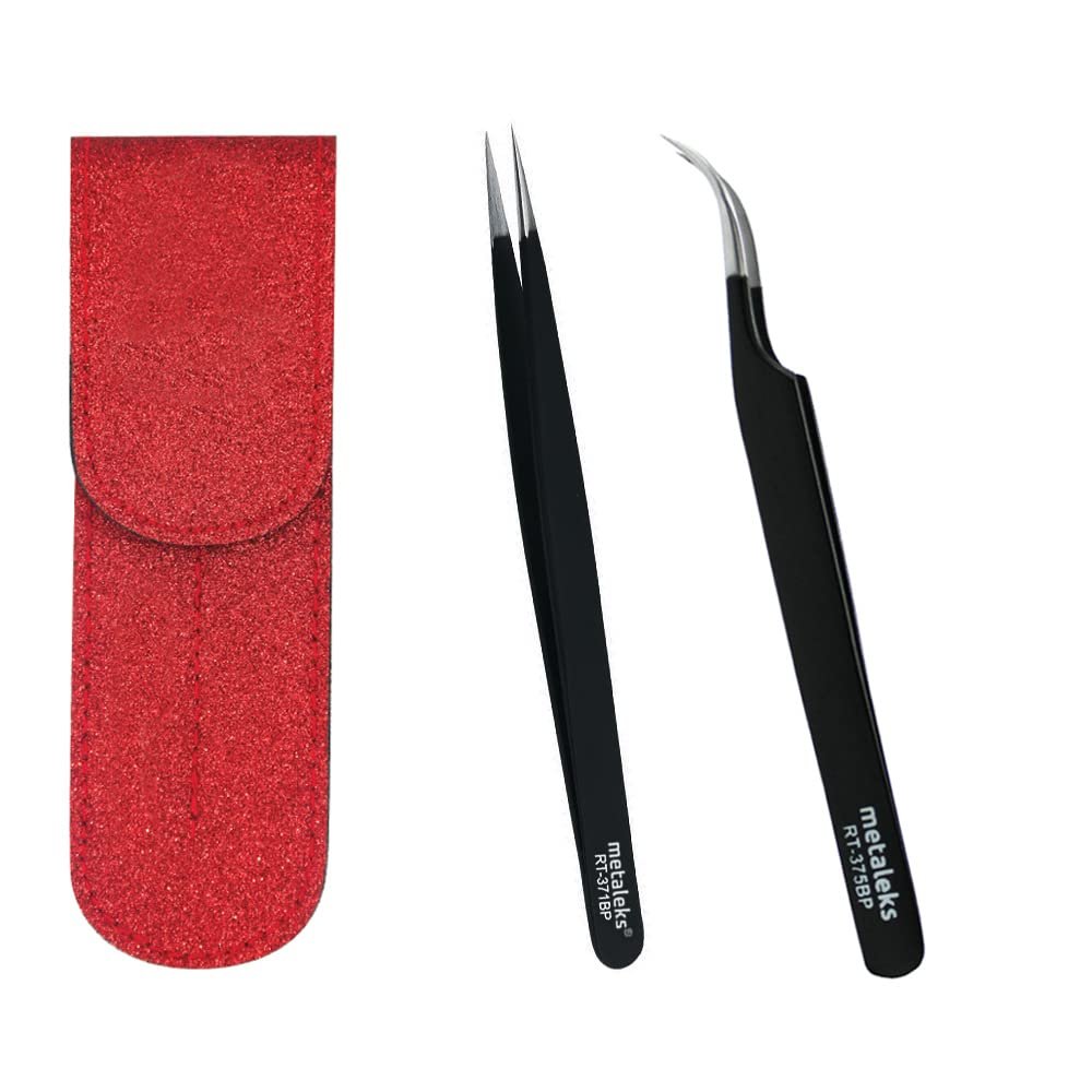 2PCS Eyelash Extension Tweezers Surgical Stainless Steel With Pouch (Black Matt Powder Coated)