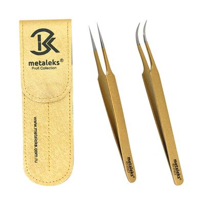 2PCS Eyelash Extension Tweezers Surgical Stainless Steel With Pouch (Golden Powder Coated)