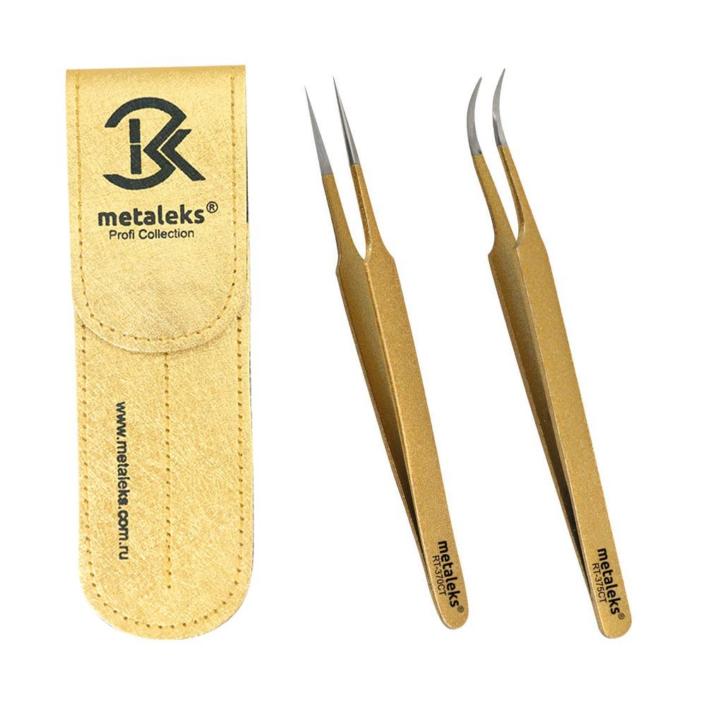 2PCS Eyelash Extension Tweezers Surgical Stainless Steel With Pouch (Golden Powder Coated)
