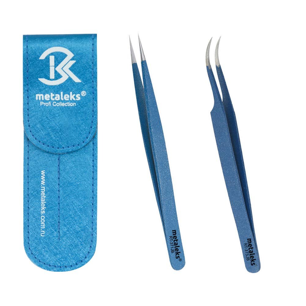 2PCS Eyelash Extension Tweezers Surgical Stainless Steel With Pouch (Blue Powder Coated 2)
