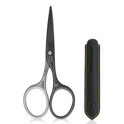 GERMANIKURE Moustache and Beard Scissors - Self-Sharpening FINOX22 Titanium Coated Stainless Steel Professional Grooming Tools in Leather Case - Ethically Made in Solingen Germany - 2706