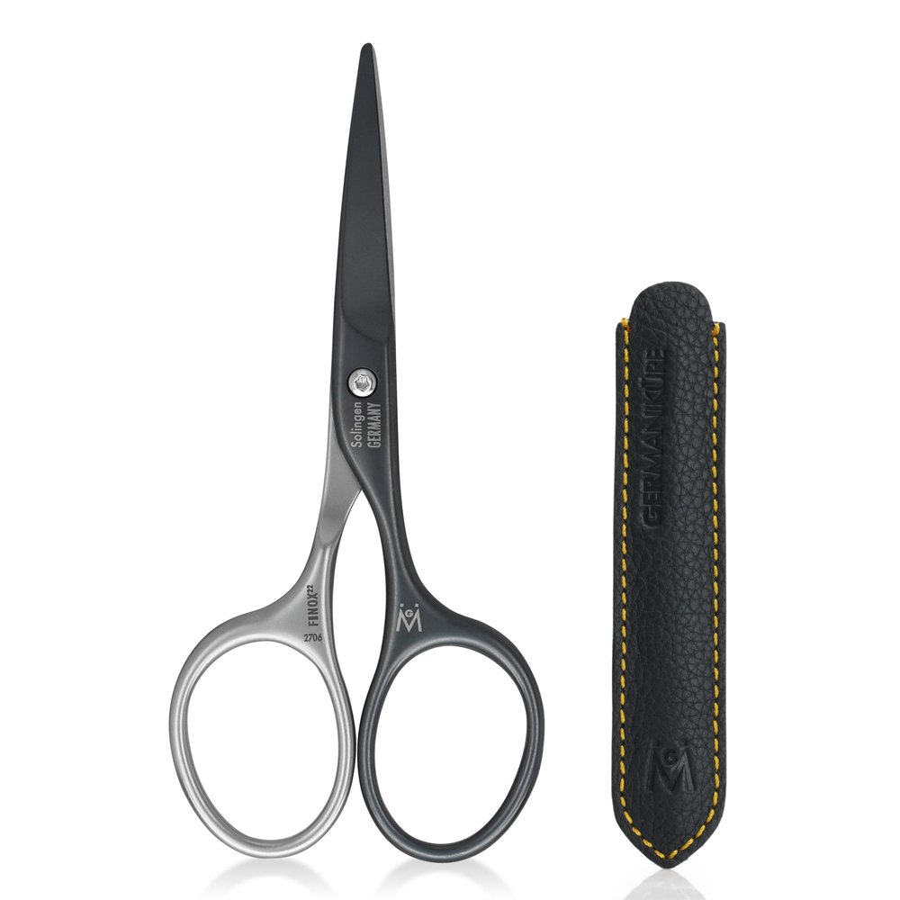 GERMANIKURE Moustache and Beard Scissors - Self-Sharpening FINOX22 Titanium Coated Stainless Steel Professional Grooming Tools in Leather Case - Ethically Made in Solingen Germany - 2706