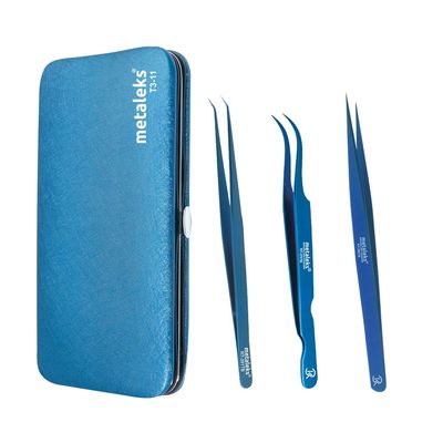3 Pcs Russian Volume Japanese Stainless Steel Tweezers for Eyelash Extension (Blue Titanium Coated.)