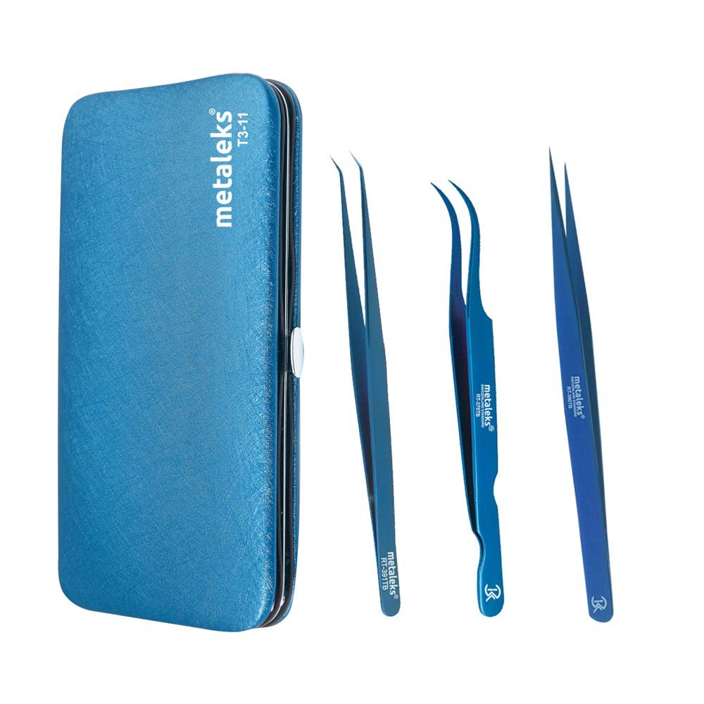 3 Pcs Russian Volume Japanese Stainless Steel Tweezers for Eyelash Extension (Blue Titanium Coated.)