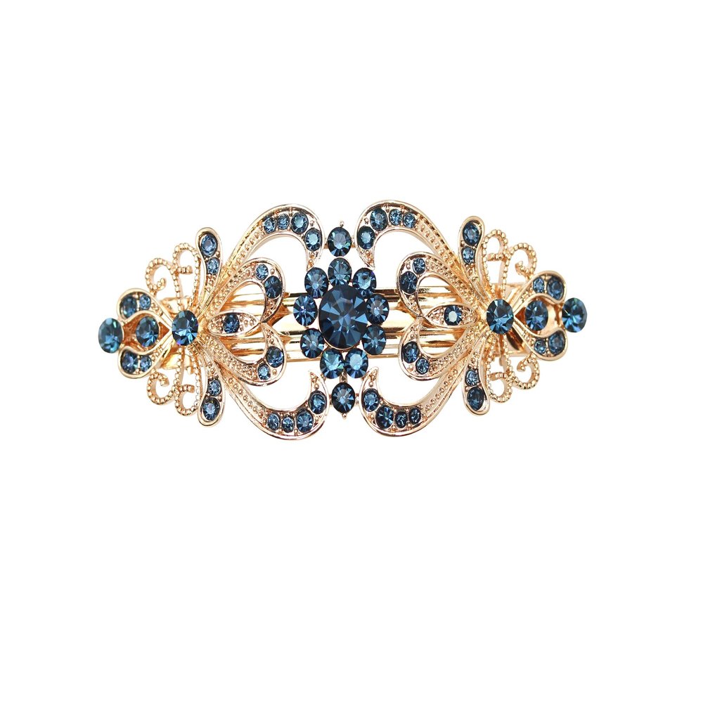 Faship Gorgeous Navy Blue Rhinestone Crystal Floral Hair Barrette