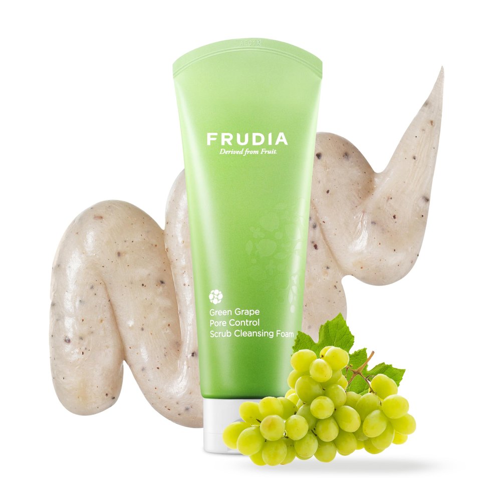 FRUDIA Green Grape Pore Control Scrub Cleansing Foam Korean Skincare Deep Pore Exfoliating Wash with Green Grape Seed Scrub, Dust Zero Complex & Vitamin E, 4.9floz