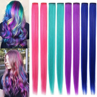 Rhyme 8 Pcs 21 inch Colored Hair Extensions Clip in For Girls Women Hair Accessories Wig Hairpieces Christmas birthday Gift Cosplay Hairstyles (Pink Purple Blue Teal)