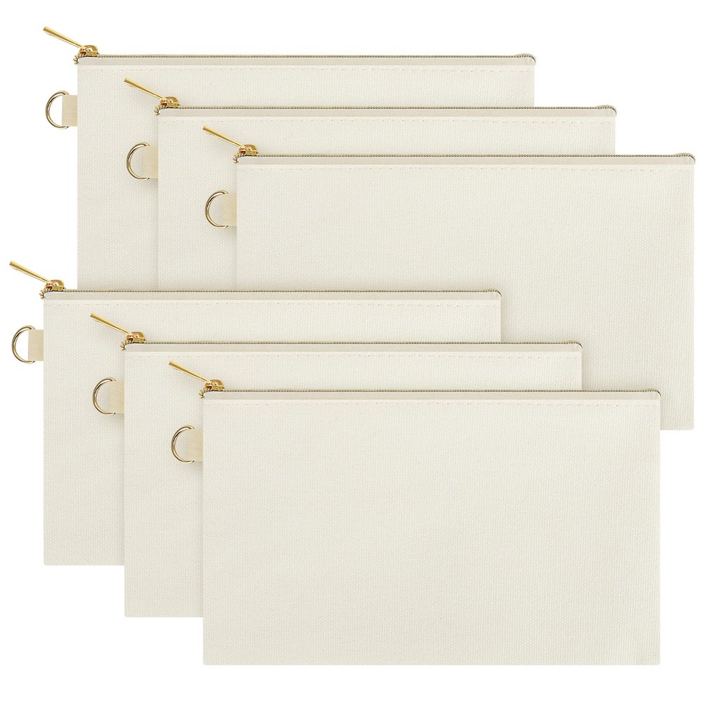 Aspire 6-Pack Canvas Makeup Bags, Blank Cotton Zipper Bags for DIY Craft, 7-3/4 x 4-1/2 Inch (Natural Bag Gold Zipper)