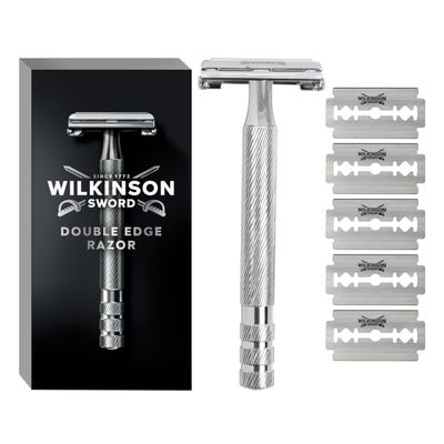 Wilkinson Sword Classic Double Edge Premium Mens Metal Safety Razor with x5 Refill Blades