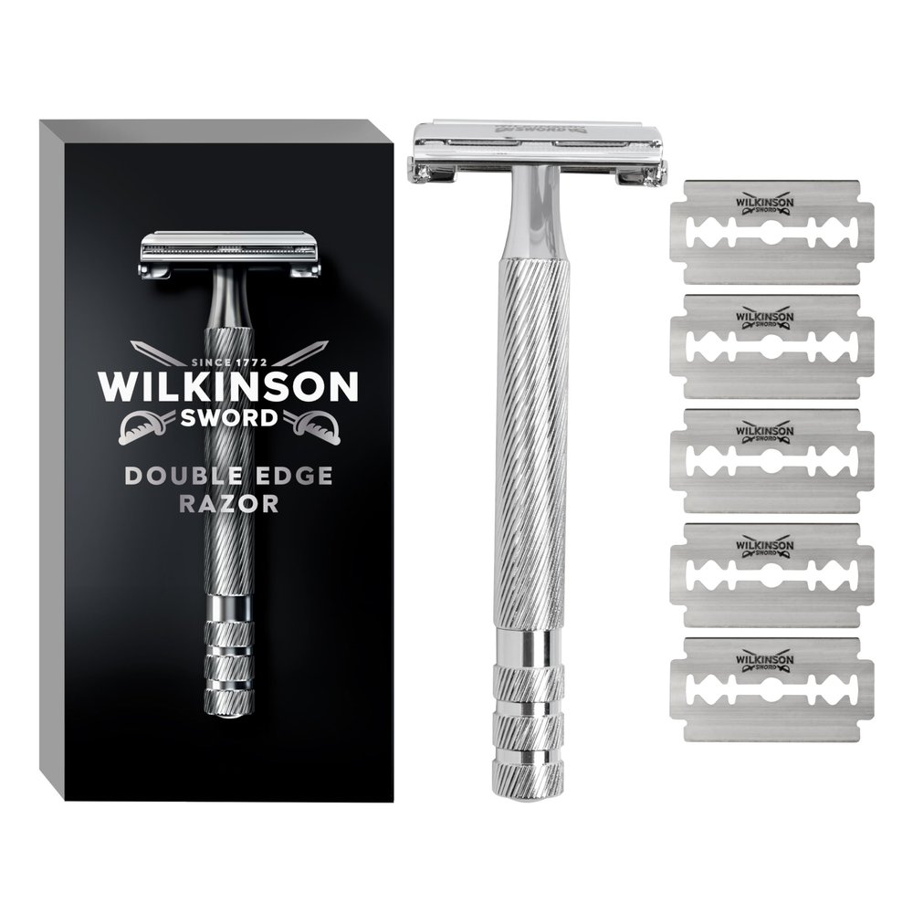 Wilkinson Sword Classic Double Edge Premium Mens Metal Safety Razor with x5 Refill Blades