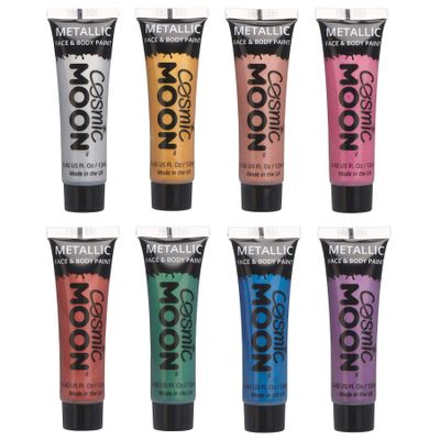 Cosmic Moon - Metallic Face Paint makeup for the Face & Body - 0.40fl oz - Create mesmerising metallic face paint designs! - Set of 8 Includes: Silver, Gold, Rose Gold, Pink, Red, Green, Blue, Purple