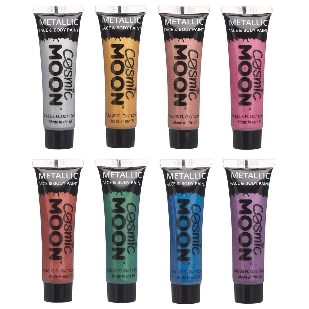Cosmic Moon - Metallic Face Paint makeup for the Face & Body - 0.40fl oz - Create mesmerising metallic face paint designs! - Set of 8 Includes: Silver, Gold, Rose Gold, Pink, Red, Green, Blue, Purple