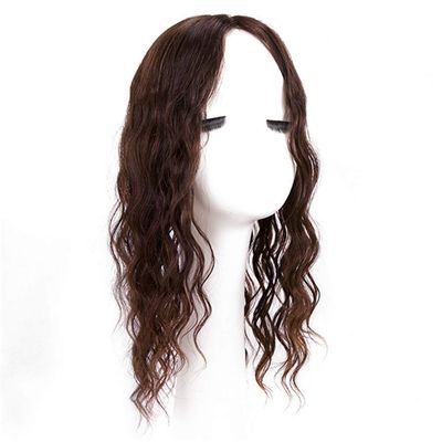 Human Hair Toppers with Clips in, Hand Tied Curly Forehead Topper Hairpieces for Thinning Hair, 5.5"x 6" Silk Base (8" Brown)