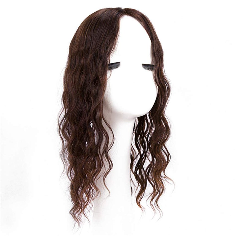 Human Hair Toppers with Clips in, Hand Tied Curly Forehead Topper Hairpieces for Thinning Hair, 5.5"x 6" Silk Base (8" Brown)