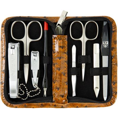 3 Swords Germany  brand quality 8 piece manicure pedicure grooming kit set for professional nail care with synthetic leather case ostrich cognac - Made in Germany