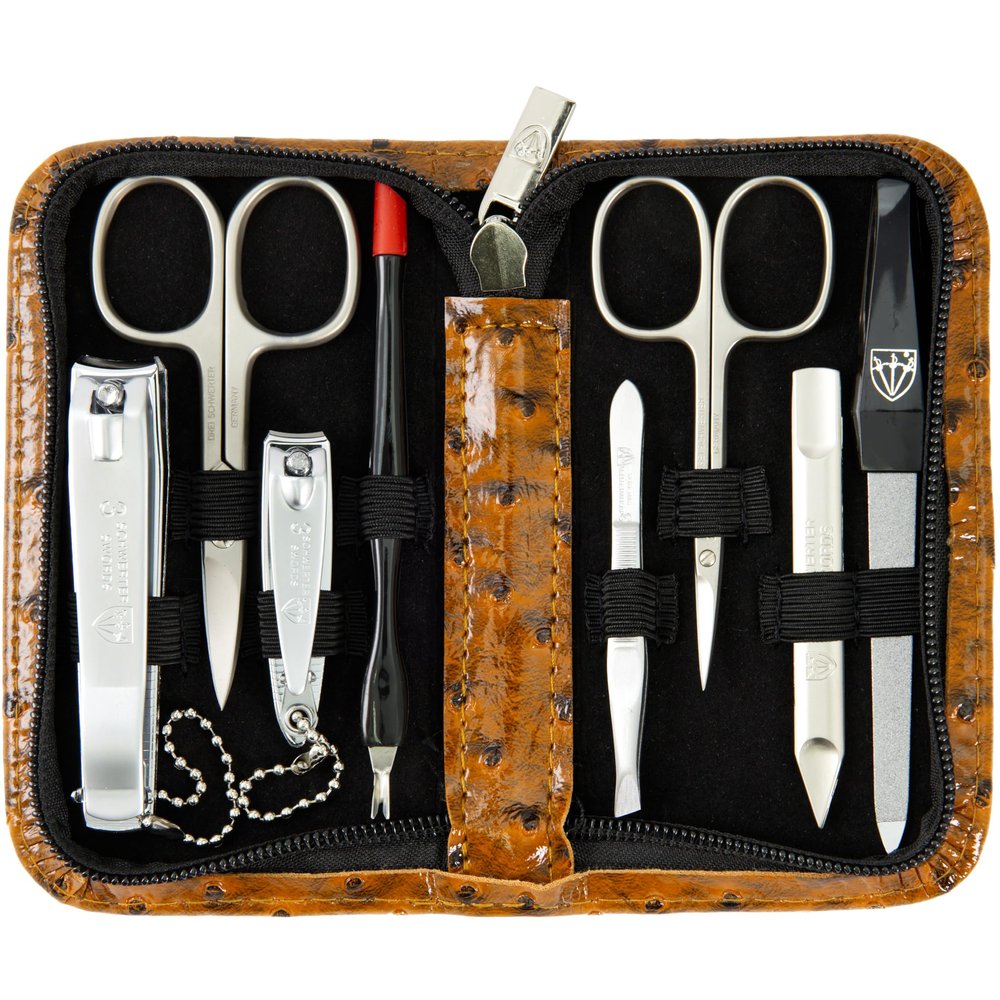 3 Swords Germany  brand quality 8 piece manicure pedicure grooming kit set for professional nail care with synthetic leather case ostrich cognac - Made in Germany