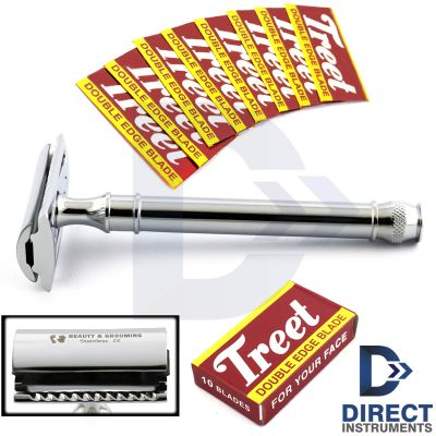 Double Edge Safety Razor Chrome Clean-Shave Classic Shaving Men Grooming Kit + Blades