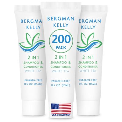 Bergman Kelly - Hotel 2 in 1 Shampoo and Conditioner - 0.5 fl oz, 200 PK, White Tea - Delight Your Guests with Revitalizing and Refreshing Travel Size Shampoo - Quality Mini Hotel Toiletries in Bulk