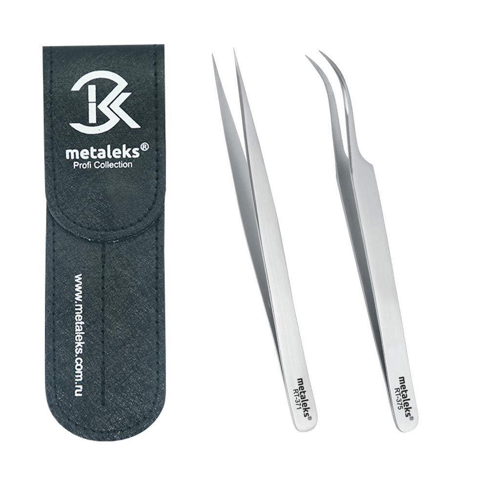 2PCS Japanese Stainless Steel, Eyelash Extension Tweezers, Matt Finish,Black Magnetic Double Tweezers Pouch (RT-15DT10)