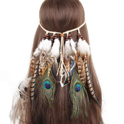 Women Bohemian Peacock Feather Headband Festival Headdress Hippie Headwear Headpiece Handmade Indian Fascinator Hair Accessories