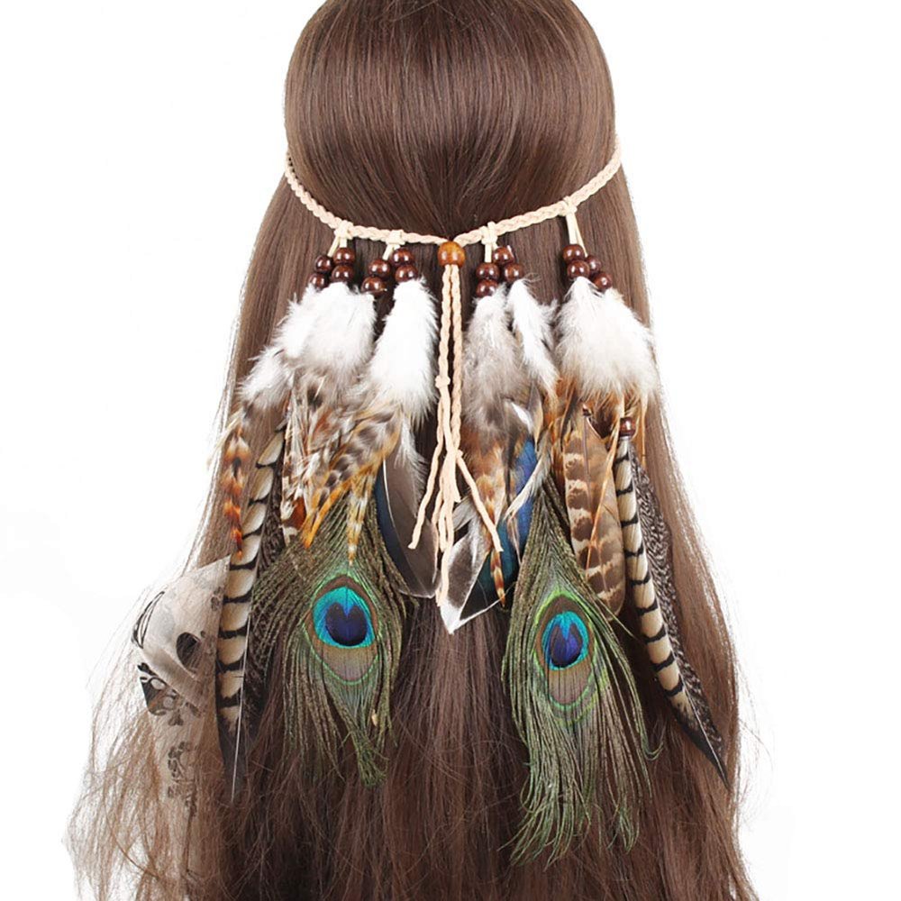 Women Bohemian Peacock Feather Headband Festival Headdress Hippie Headwear Headpiece Handmade Indian Fascinator Hair Accessories