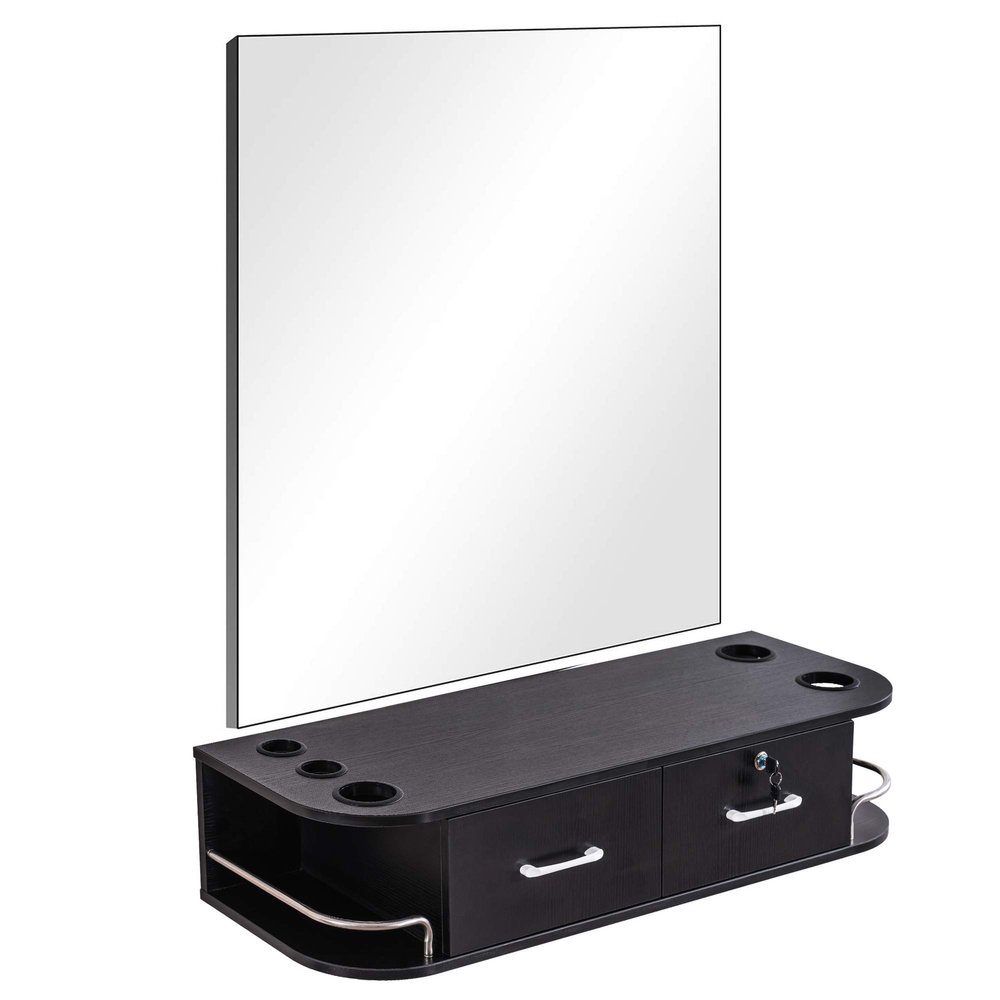 BarberPub Locking Wall Mount Styling Barber Station with Mirror Beauty Spa Salon Furniture,6154-5012-mirror (Black)