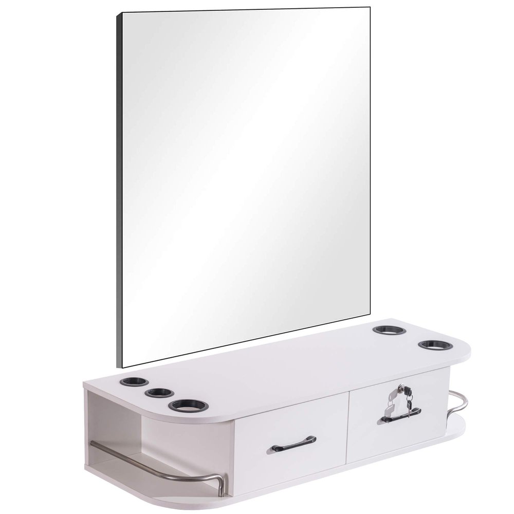 BarberPub Locking Wall Mount Styling Barber Station with Mirror Beauty Spa Salon Furniture,6154-5012-mirror (White)