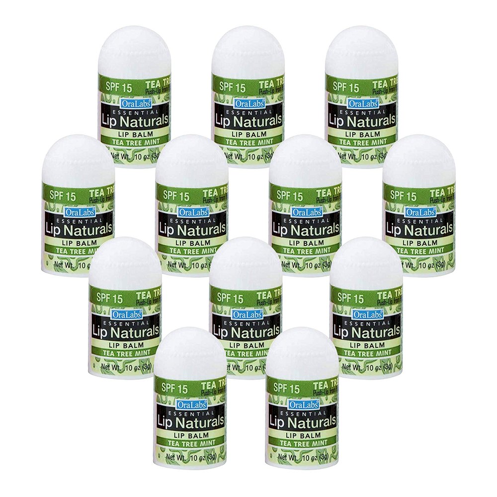 Lip Naturals | Mini Tea Tree Balm with Sunscreen (SPF-15) | Made in USA with Coconut Oil, Tea Tree Oil, and Peppermint Oil | 12-Count Mini Lip Balm Pack with Tea Tree Mint Flavor (0.10oz/3g Each)