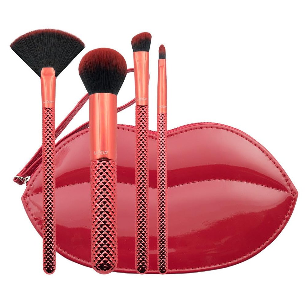 MODA MWAH! 5pc Full Face Makeup Brush Kit  Soft Vegan Brushes for Blush, Contour, Highlight & Eyes with Fun Lip-Inspired Design