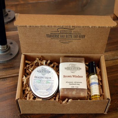A Great gift box of all natural Brown Windsor handmade soap, Healing Salve and Immunity roll on oil,Great for gift giving or a special gift for yourself.