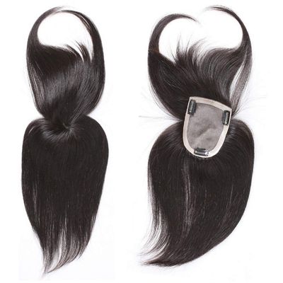 14" Human Hair Clip in Wiglet Hairpieces, 3.7"x 4" Mono Forehead Topper with Bangs for Women's Thinning Hair, Dark Brown
