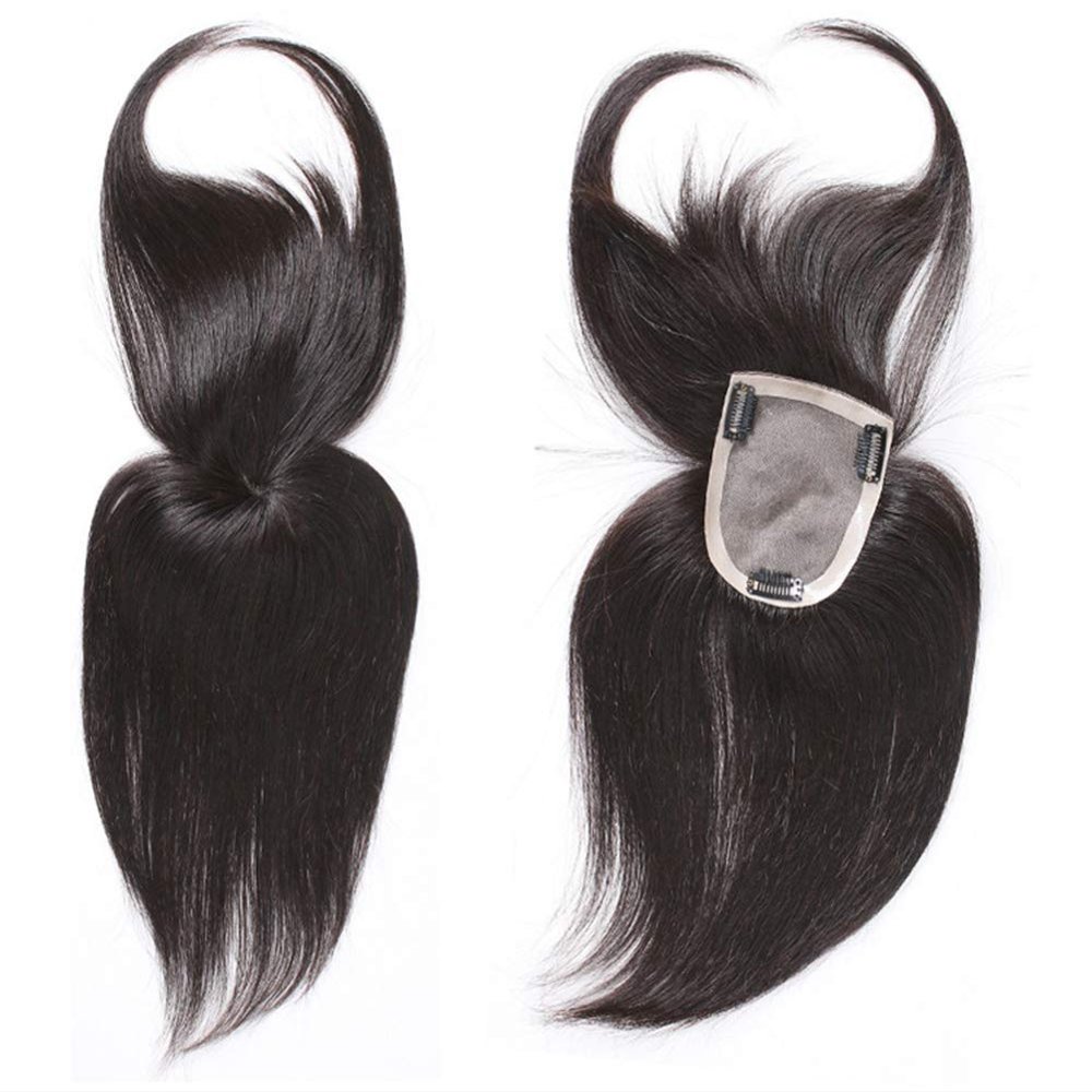 14" Human Hair Clip in Wiglet Hairpieces, 3.7"x 4" Mono Forehead Topper with Bangs for Women's Thinning Hair, Dark Brown