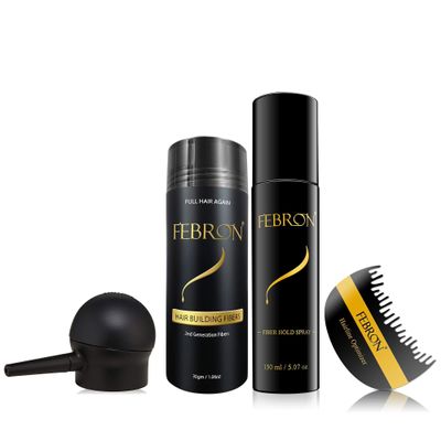 FEBRON Full Tool Kit (4 Items) 30gm Hair Building fibers Bottle, 150ml FiberHold Spray, Pump, Hairline Optimizer (Auburn)