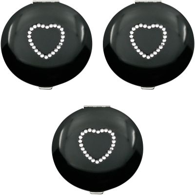 Stephanie Imports Set of 3 Slim Heart-Shaped Double Sided Magnifying Compact Mirrors (Black with Rhinestone Heart, Small)